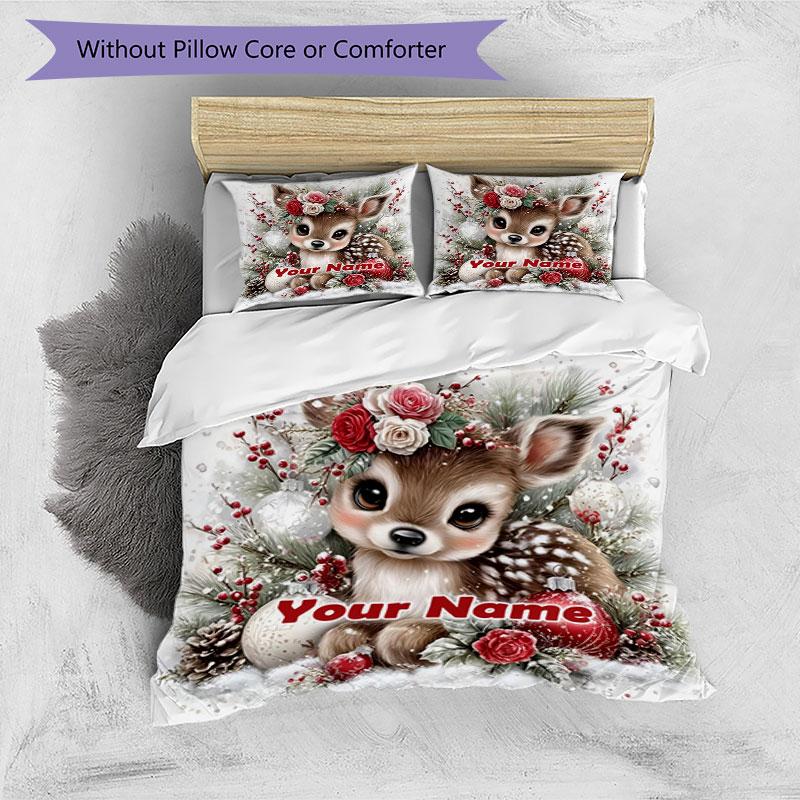 3PC Custom Name Winter Deer Flowers Bedding Set Printed Bedding Set Duvet Cover Closure Includes 1 Duvet Cover & 2 Pillowcases for All Seasons Bedroom