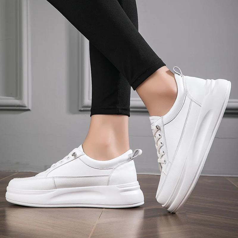 BKQU Leather Women's White Casual Shoes Woman Vulcanized Sneakers Slip on Sports Shoes Walking Running Platform Flats Footwear