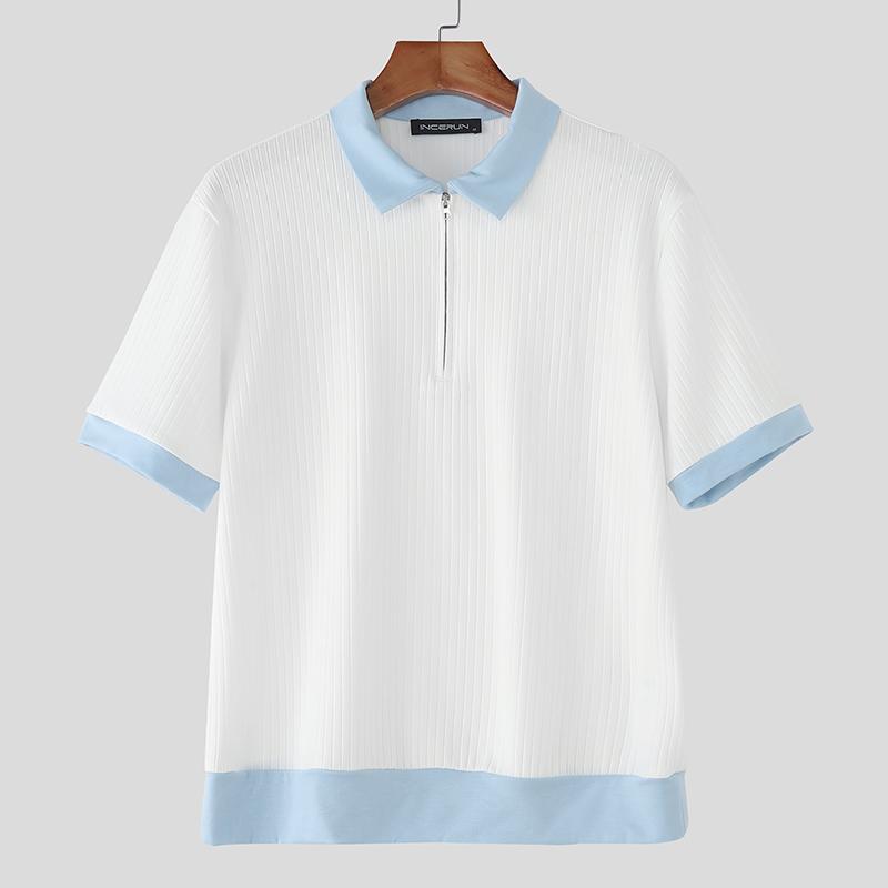 INCERUN Men Lapel Short Sleeve Stitching Casual Office T-shirts Rib Tops