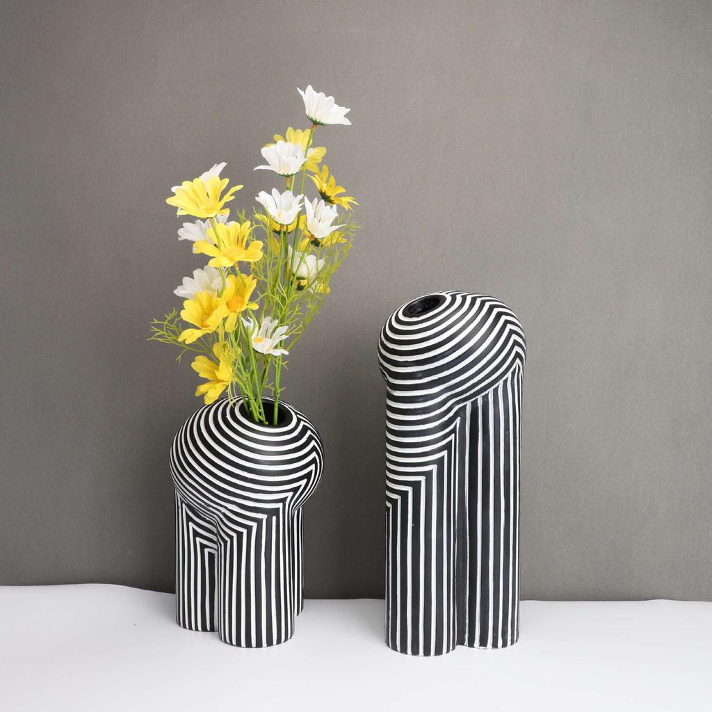 Kreative Harzvase Schwarz-Weiß Gestreifte Blumenvase Abstrakte Geometrie Handwerk Heimdekoration Terrarium Vasen Töpfe