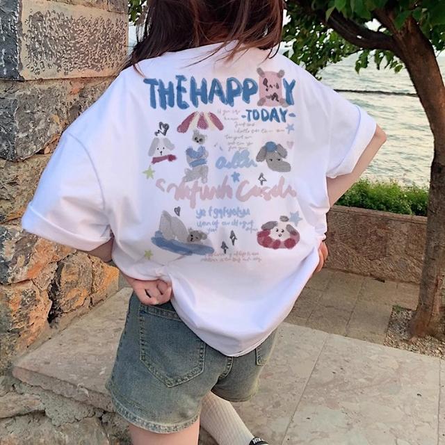 2025 Summer 100% Cotton Casual Oversized T Shirt Women's Streetwear Harajuku Funny Cartoon Short Sleeve T-shirts Women Black White Y2k Tops