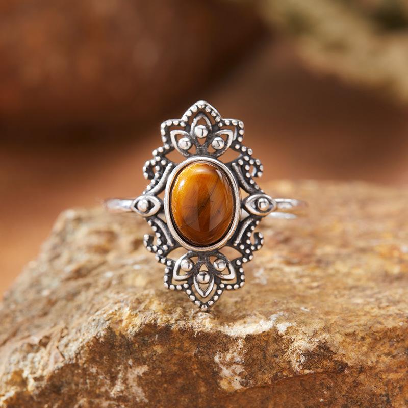 Personalized Retro Thai Silver Natural Colored Treasure Ring Female S925 Sterling Silver Court Pattern Advanced Sense Index Finger Ring