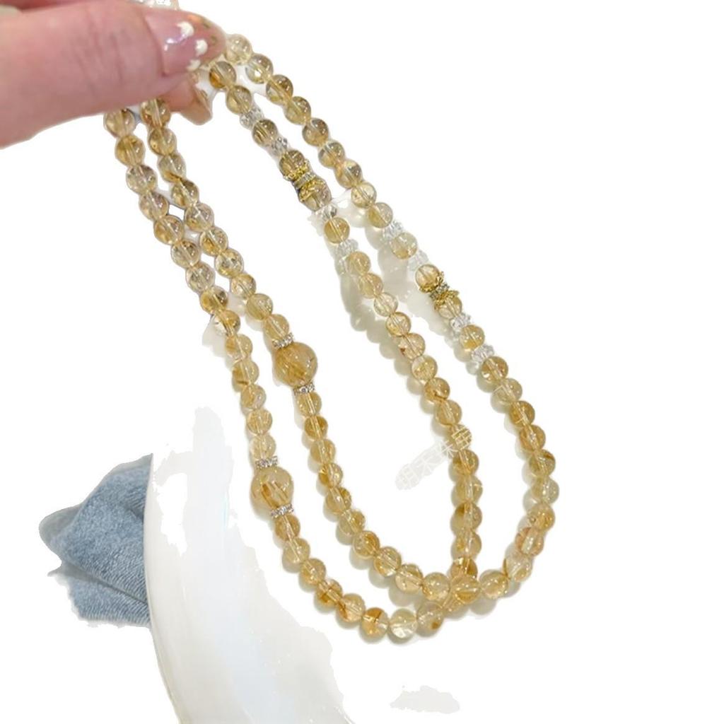 Natural Yellow Gold Double Circle Bracelet Women's Rutilated Quartz Citrine for Wealth & Luck
