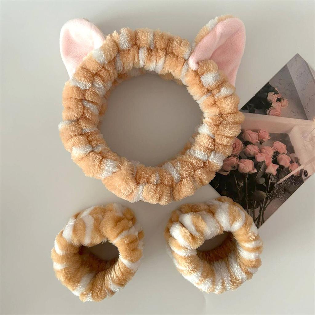 3PCS/Set Lovely Kitten Ear Wristband Hairband Set Women Girls Wash Face and Make up Plush Wristband Headbands