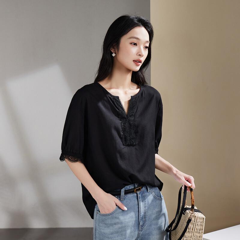 SOFSIL Tencel Linen Blend V-Neck Lace Blouse