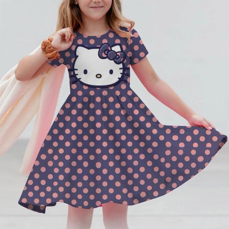 Sanrio 2026New Girls Summer Dress Fashion Cartoon Cute Hello Kitty 3DPrint Dresses Girl Short Sleeve Princess Vacation Clothing