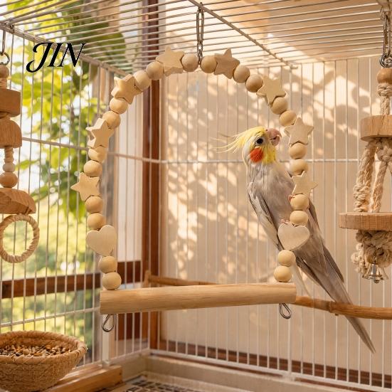 Bird Swing with Beads Parrot Perch, Solid Wood Perch Pole, Wooden Blocks And Cage Accessories Arch, Unpainted Toy for Small Medium Parrots Climbing