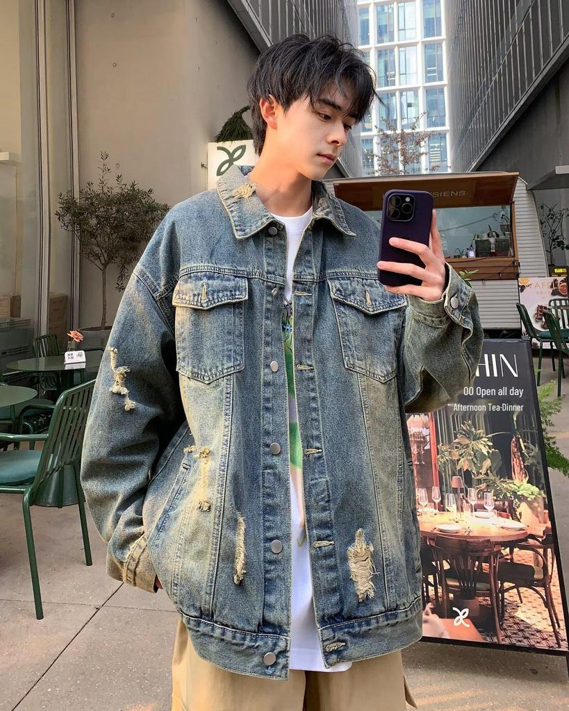 Men's Multi-Pocket Ripped Denim Jacket - Spring/Autumn, Trendy American Retro Street Style