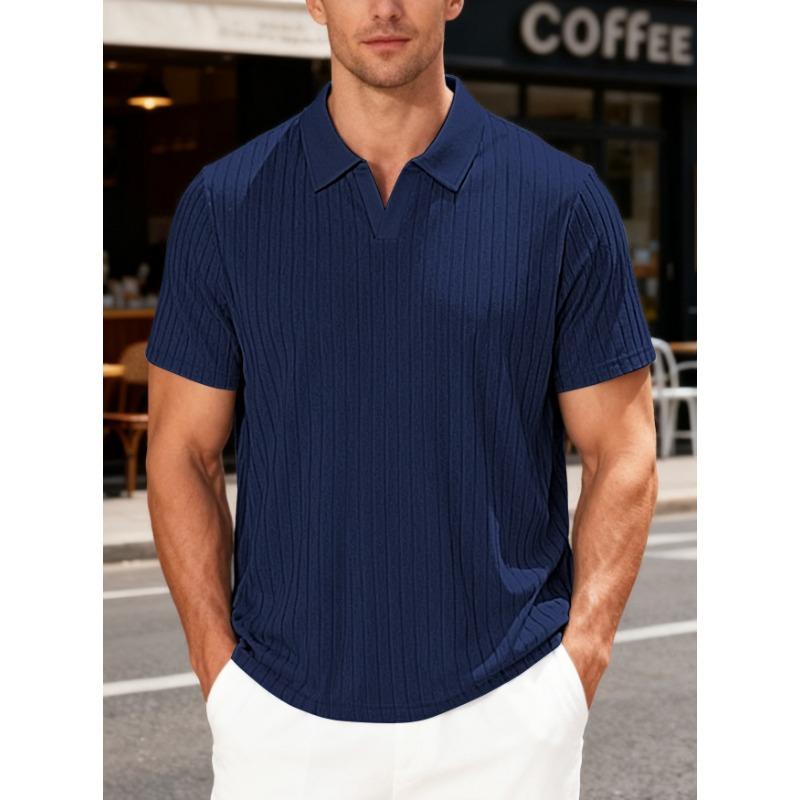 Men's New Summer Casual Breathable Terry Jacquard Lapel Striped Short Sleeve Shirt