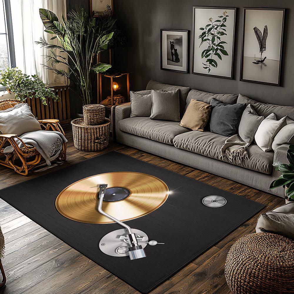 

Golden Vinyl Record Rug, Black Music Note Carpet for Living Room, Soft Non-Slip Sofa Mat with Bohemian Decor 50x80cm