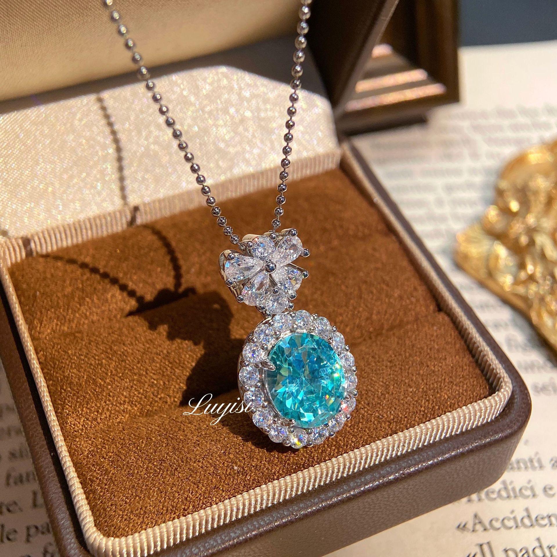 2026 Романтичный Мятный Параиба Подвеска Ожерелье Полностью Алмазный Крест Цветок Комплект Овальный Циркон Браслет