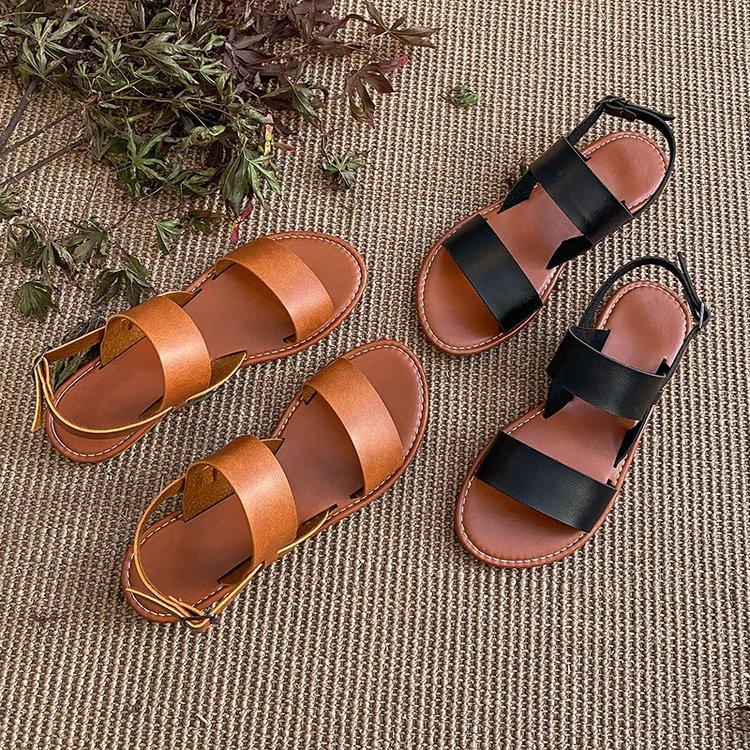 European and American retro style flat-bottomed buckle sandals women's one-word buckle strap large size beach sandals simple