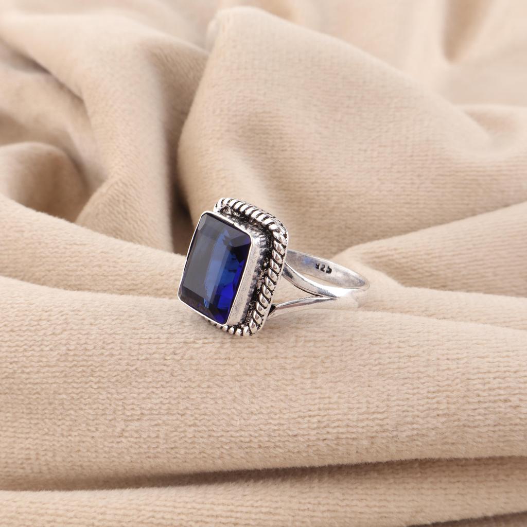 Blue Sapphire Gemstone 925 Sterling Silver Handmade Women Jewelry Designer Ring For Gift RR-71-14