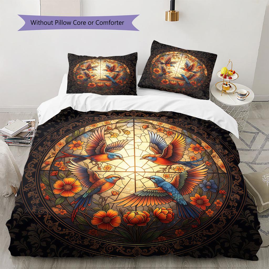 Stainedglassbirds Pattern Bedding Quilt Set Quilt Cover Pillowcase Home Decoration Birthday Gift (1 * duvet cover + 2 * pillowcase, without core)