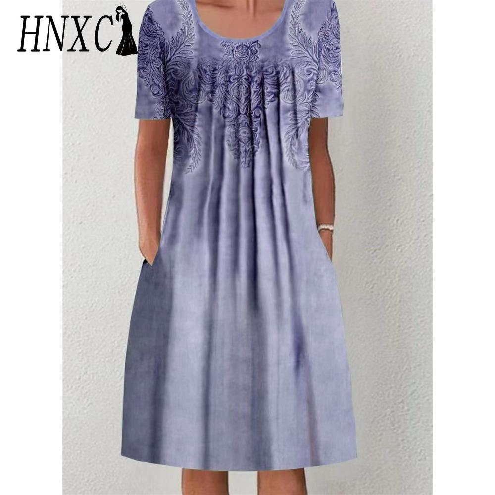 HNXC 30 Color Pleated Midi Dress Short Sleeve Round Neck Loose Hem Mid-Calf Length Women Floral A-Line Party Dress Casual Wear