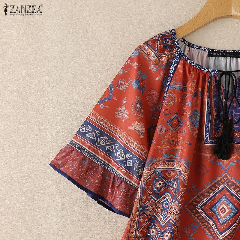 ZANZEA Camicetta Casual da Donna con Stampa Etnica, Girocollo, Manica a Metà, Vestibilità Larga