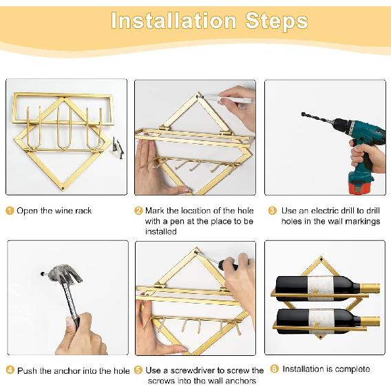 AUHOKY 2Pcs Metal Wall Mounted Wine Holder Stemware Glass Rack, Upgrade Collapsible Hanging Red Wine Racks Organizer with 3 Stem Glass Holders, Wine