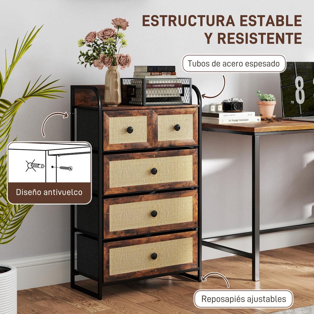 Bedroom Chest of Drawers with 5 Drawers with Rattan Fronts and Steel Frame 58x29x99 Cm Rustic Brown
