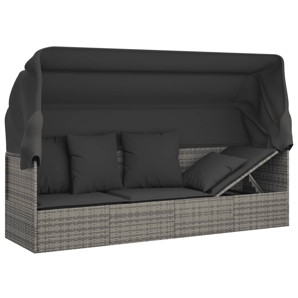Outdoor Lounge Bed with Canopy and Cushions Grey Poly Rattan