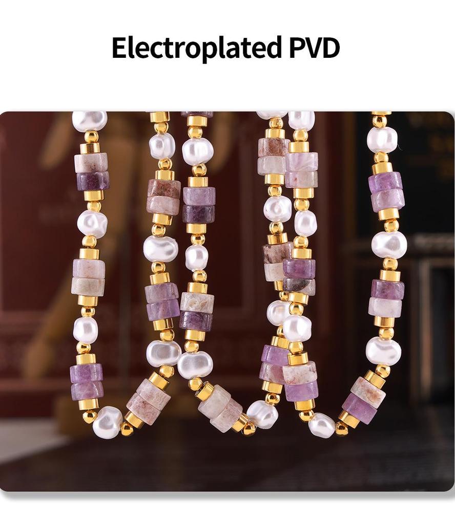 Qiong Yao French Retro Necklace with Natural Stone, Shell Beads, and Purple Crystal Titanium Steel