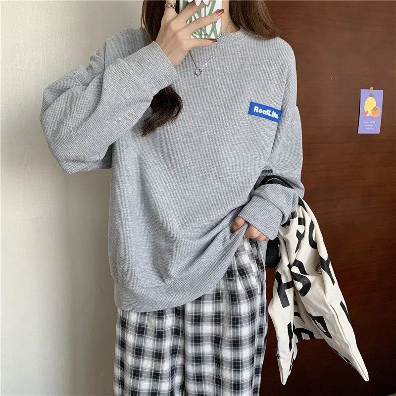 

Корейский повседневный длинный рукав вафельный y2k топы весна осень толстовки с капюшоном буквы большой размер толстовка женская Harajuku пуловеры уличная одежда L