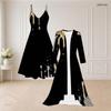 Women Plus Size Black Gold Printed Two Piece Set Long Sleeve Open Front Cardigan Strappy V Neck Flared Dress