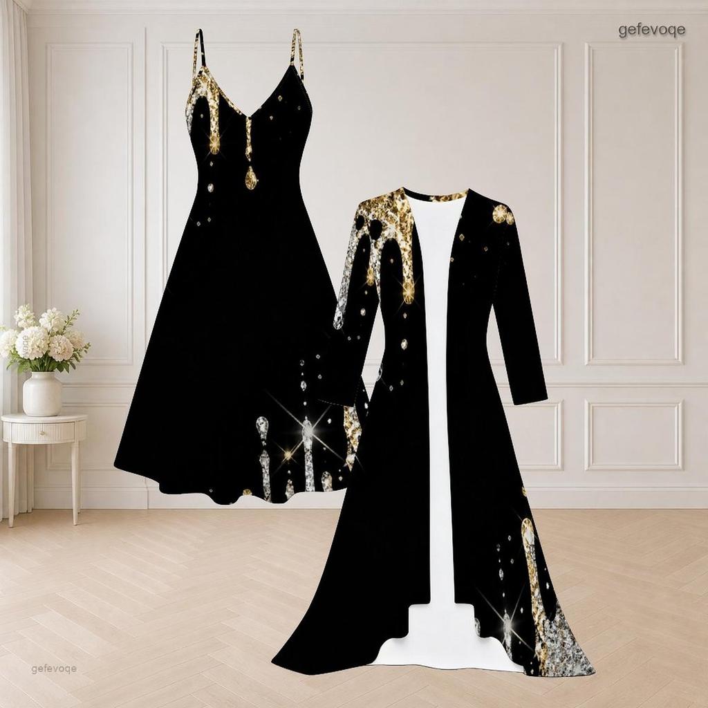 Women Plus Size Black Gold Printed Two Piece Set Long Sleeve Open Front Cardigan Strappy V Neck Flared Dress