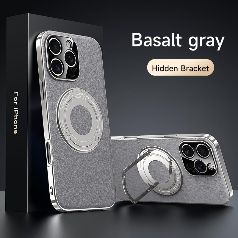 Luxury Magnetic Leatherette Bracket Phone Case For IPhone 16 15 14 13 Pro Max Magsafe Wireless Charging Hidden Stand Back Cover