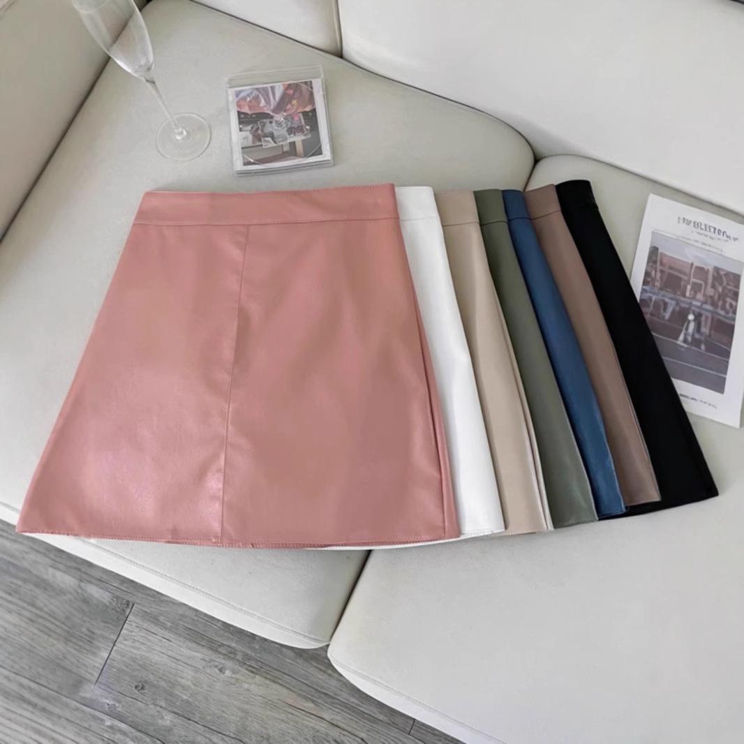 

2023 Autumn/Winter Women s PU Leather A-Line High Waist Slimming Short Skirt XS