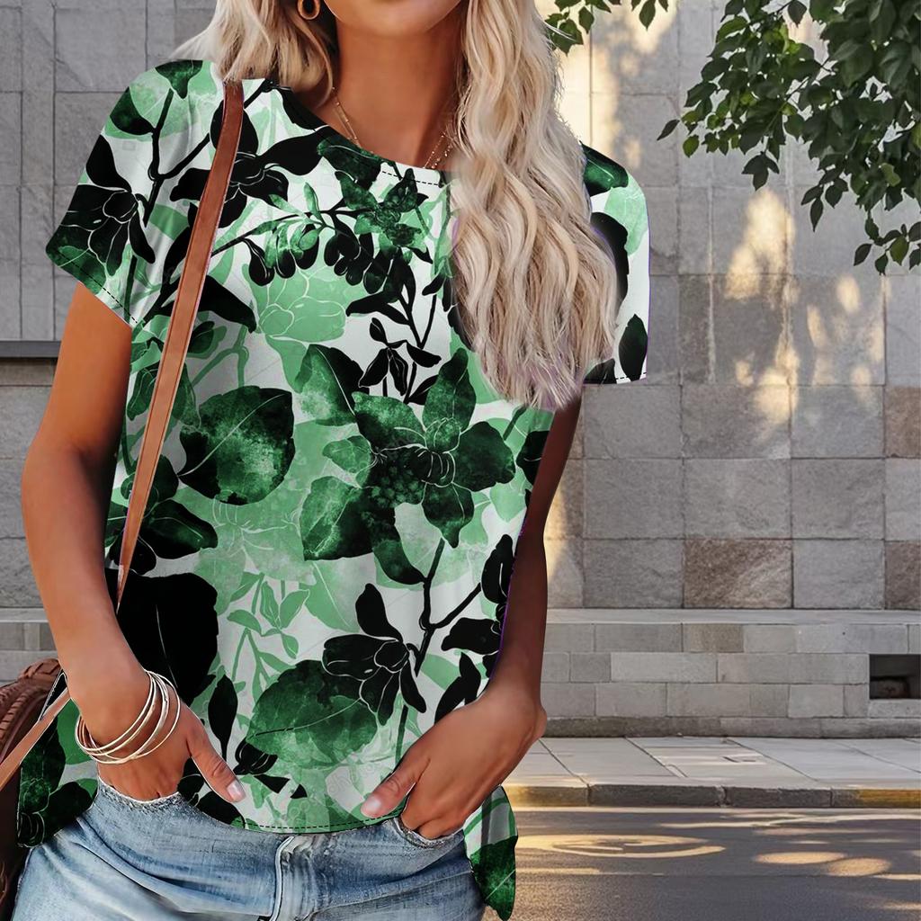 Dam Sommar T-shirt Vackert Blomtryck Retro Mode Kortärmade T-shirts Casual Tryckta Toppar