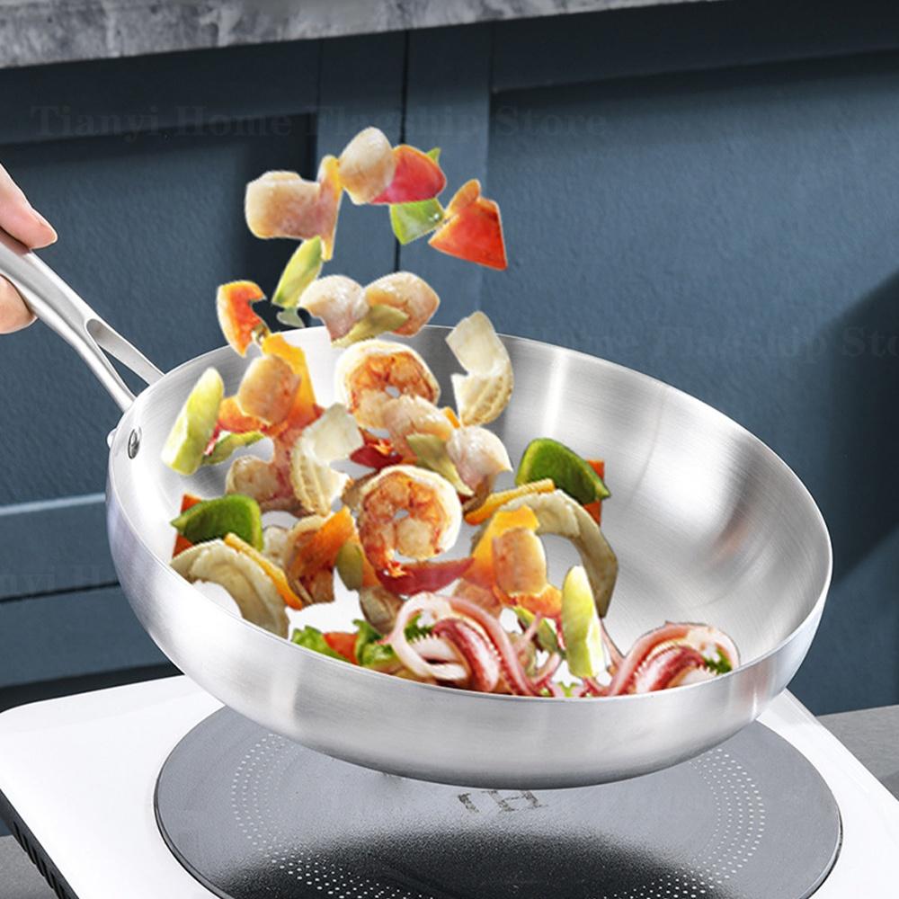 316 Stainless Steel Frying Pan Wok Non-stick Cooking Uncoated Steak Gas Stove Pot Induction General Saucepan Kitchen Cookware
