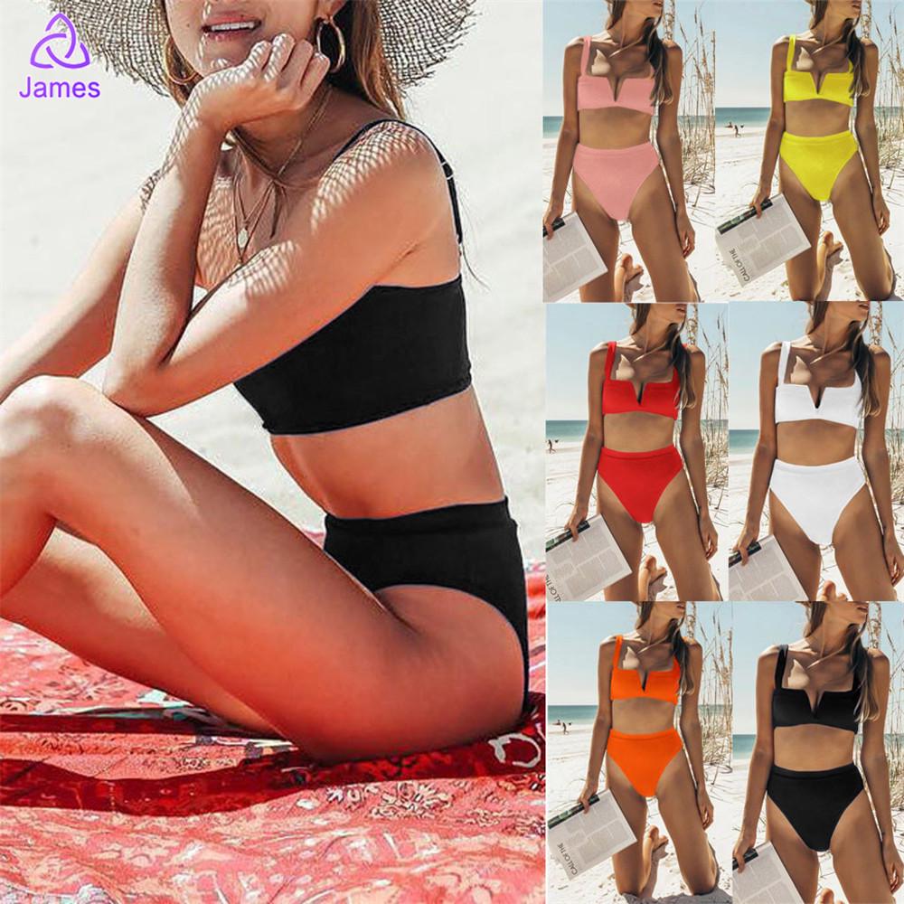 Buy NAP Women TwoPiece Bikini Solid High Waist V Collar Swimwear Push