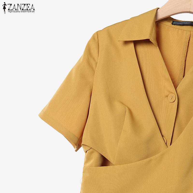 ZANZEA Women Casual Turn Down Collar Solid Color Summer Short Sleeve Dress