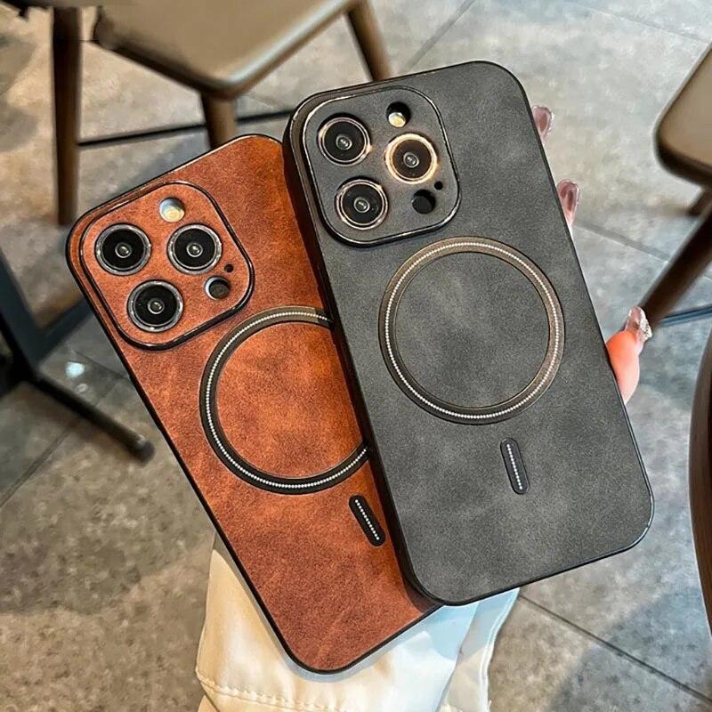 Luxuriöses, mattes Leder-Magnetgehäuse für iPhone 15 14 13 11 12 Pro Max Plus-Hüllen für Magsafe Wireless Charging Cover-Zubehör