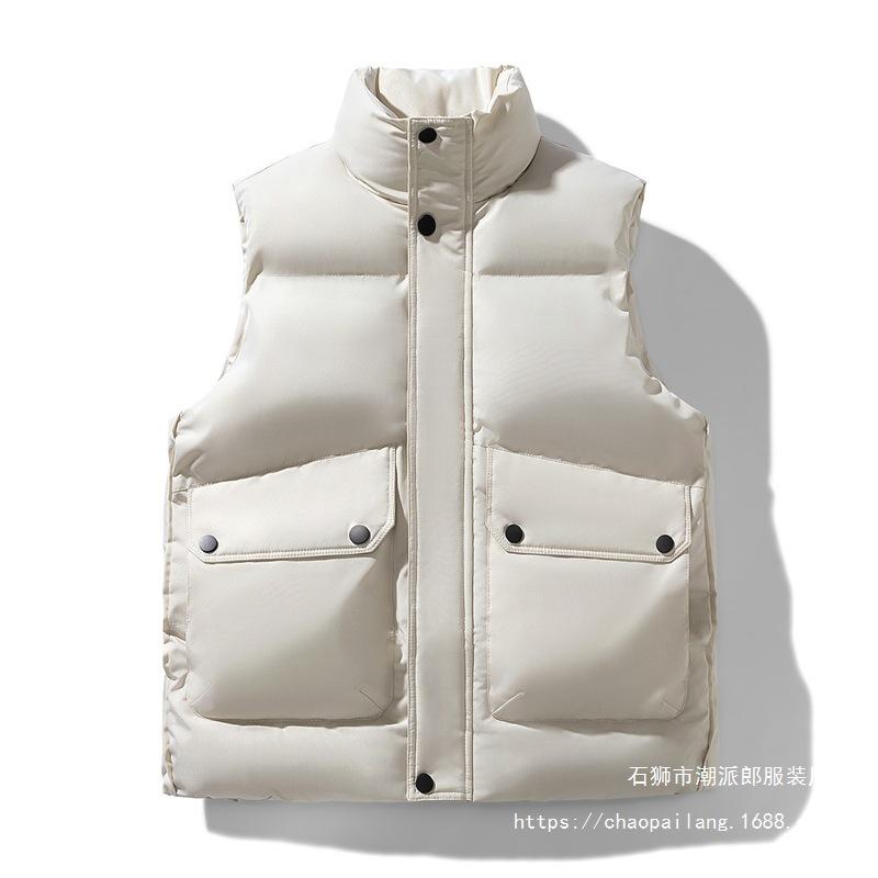 Solid Color Stand-up Collar Cotton-padded Vest Jacket Men's Winter Thickened Tooling Youth Casual Cotton-padded Jacket Trendy Brand Loose