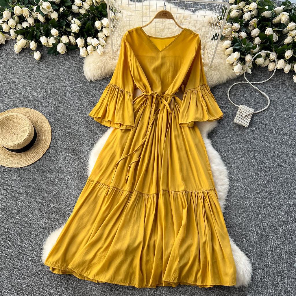 Abito Dolce Manica Svasata Scollo a V Stampa Volant Allacciato Vacanza al Mare Donne Moda Coreana Abiti Estivi