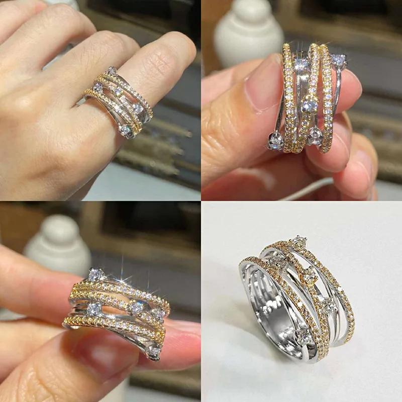 Exquisite Female Rings  Sterling Silver Multi-layers Cross Shiny Cubic Zirconia Rings for Women Promise Love Wedding