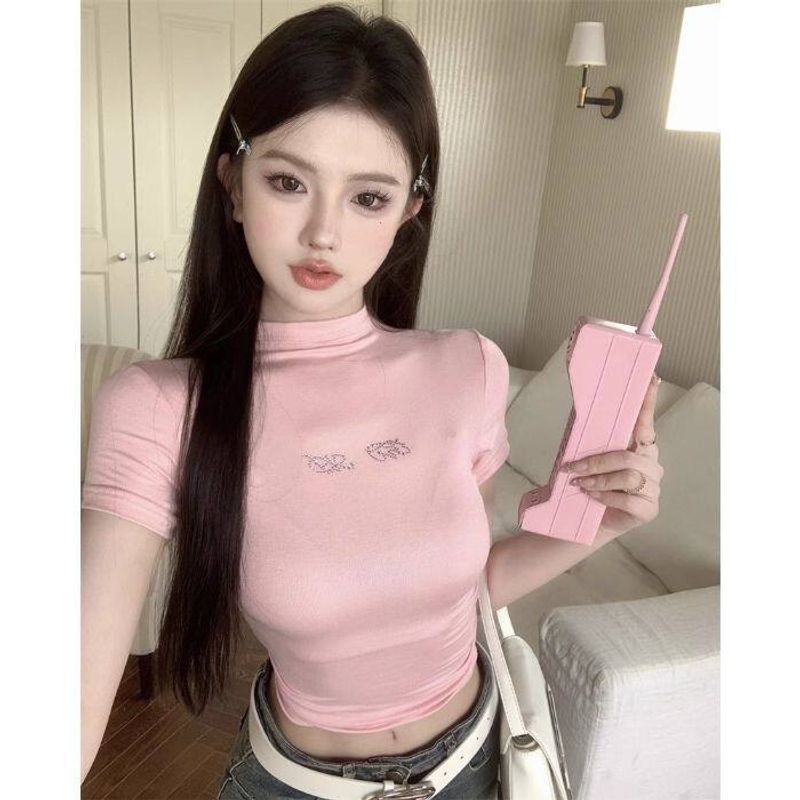 Style Rhinestone Elastic Short-Sleeve T-Shirt for Women, Half-High Collar, Slim Fit, Sweet and Spicy Style, Regular Shoulder, Slimming Short Top