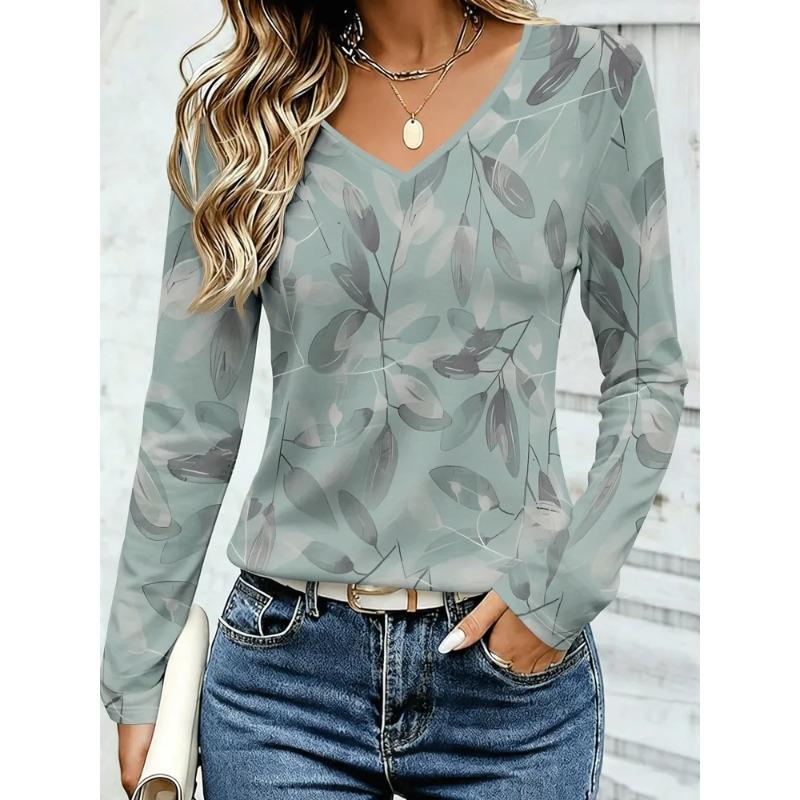 Sommer Damen 3D-Druck V-Ausschnitt Langarm T-Shirt Mode Vielseitig Atmungsaktiv Trend Lässig