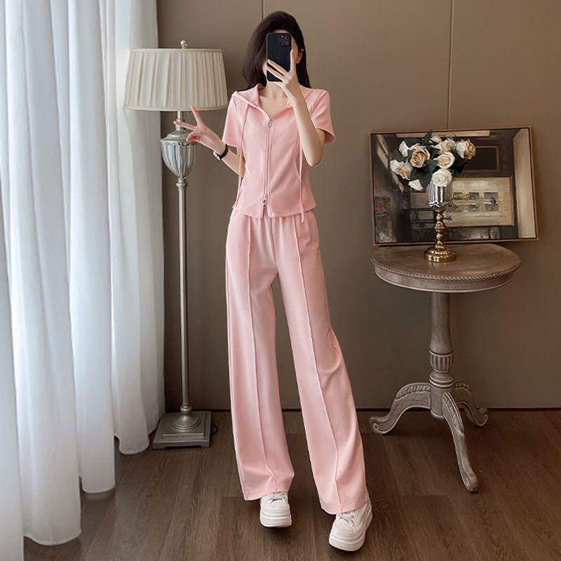 Xiaoxiangfeng Sports Suit Women's Summer Fashion Hooded Short-sleeved Top Wide-leg Pants Two-piece Set