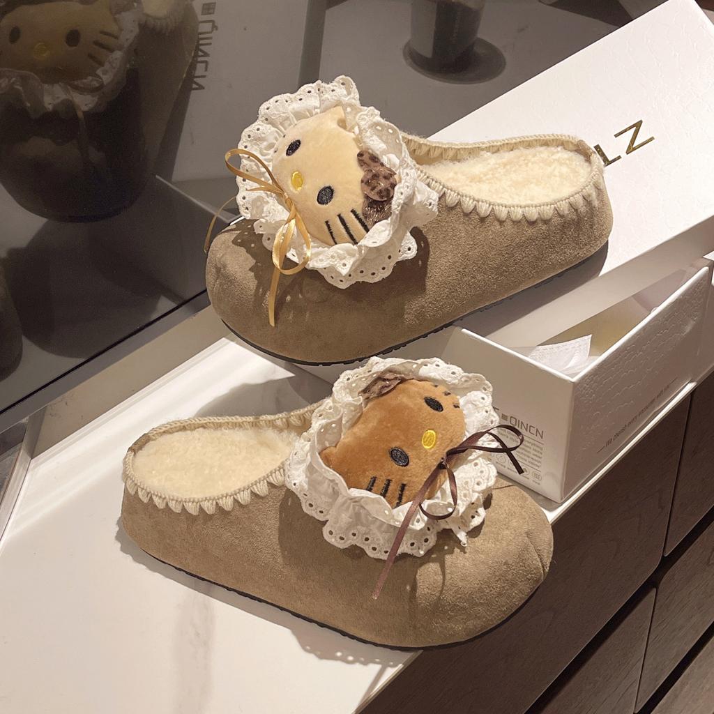 Suede Cute Cartoon Girl Flat-bottomed Slippers Summer and Autumn Kitten Casual Thick-soled One-pedal Bag Head Slippers Tide