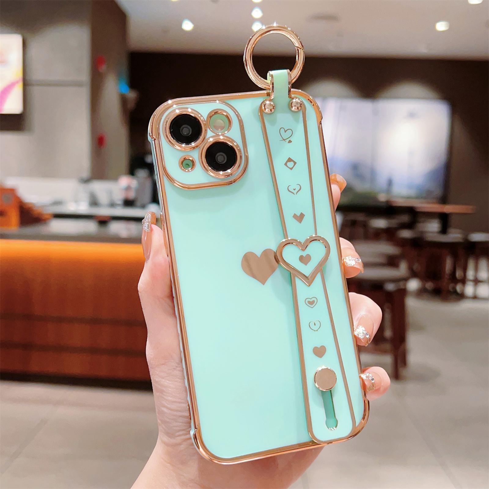 

For iPhone 13 Case Love Heart Pattern TPU Phone Cover Wristband Finger Holder Mint Green