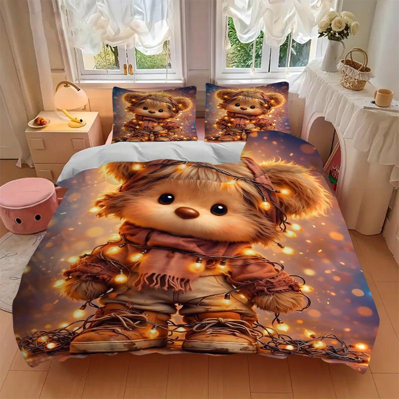 3pcs Christmas Lights Teddy Bear Bedding Set - Includes One Quilt Cover and Two Pillowcases (No Core) - Festive Gift for Bedroom Decor - Pol