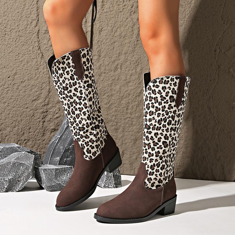 

Леопардовые туфли на среднем каблуке, женская обувь, сапоги до середины икры, тренд 2025 года, дизайнерские гладиаторы, массивные ботинки в стиле вестерн, новые туфли-лодочки, челси, Botas Mujer 43 коричневый