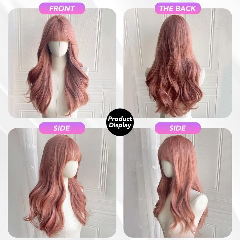 Pink Brown Curly Wigs Air Bangs 24 Inch  Fiber Synthetic Wigs Heat-resistant Natural Party or Selfie For Women Korean Fashion