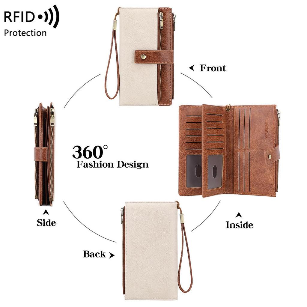 Dames RFID Anti-magnetische Lange Portemonnee: Retro Drievoudige Clutch met Meerdere Kaarthouders