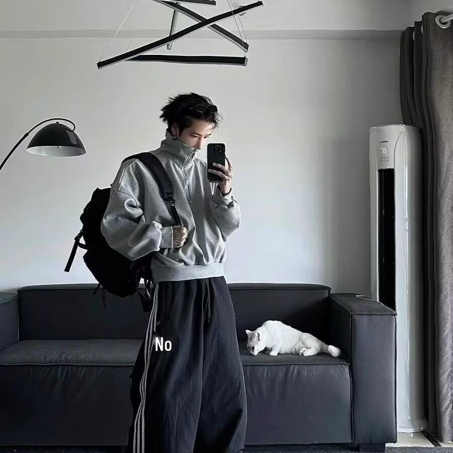 Men's Retro Half-Zip Stand Collar Hoodie - Spring/Autumn Trendy Heavyweight Streetwear Loose Pullover