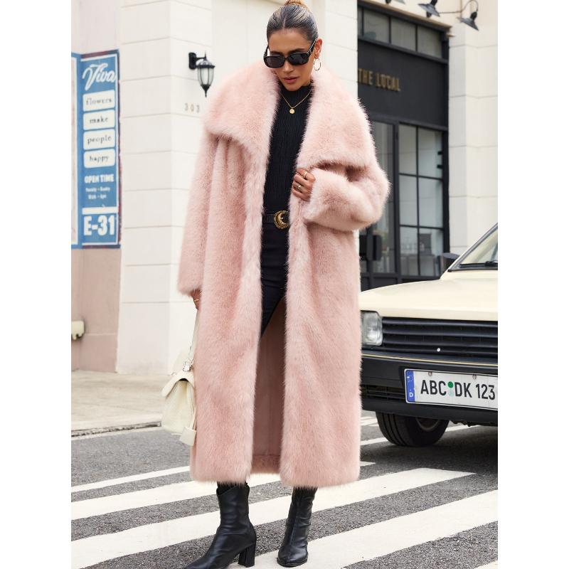 Shaggy Faux Fur Warm Maxi Overcoat for Women Luxury Lapel Open Front Fluffy Winter Parka Outwear Long Jackets Women's Long Sleeve Shawl Collar Coats