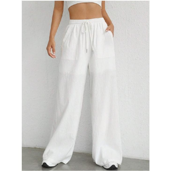 

2026 New Women s Casual Solid Color Drawstring Straight-Leg Slightly Flared Pocket Pants S белый