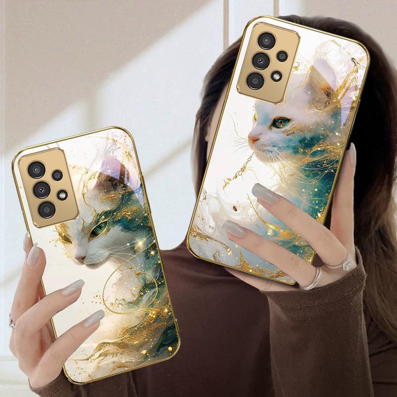 Fantastic white kitten For Samsung A50 A51 A52 A53 A54 55 56 14 15 13 16 26 31 32 33 34 35 70 71 72 73 Golden glass phone case